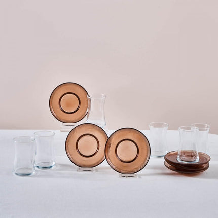 Karaca Juliet Turkish Tea Cups Set of 12, 170ml/5.74oz Turkish Tea Glasses with Brown Detail Saucers for 6 People, Ideal Glass Set for Mother's Day and Housewarming