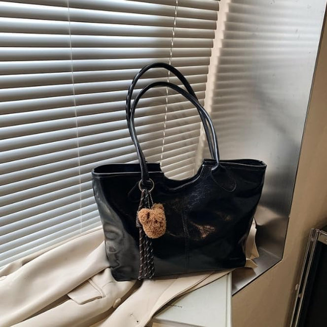 Base'ic Women's Vegan Leather Tote Bag – Stylish Work, Travel &amp; Everyday Handbag with Cute Teddy Bear Charm (Black)