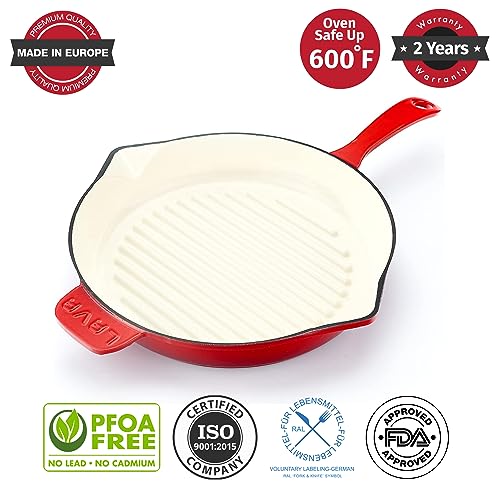 Lava Enameled Cast Iron Ceramic Steak Grill Pan with Side Drip Spouts - 11 inch Round Frying Pan with White Ceramic Enamel Coated Interior - Edition Series (Red)