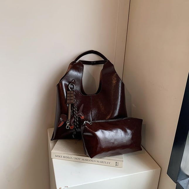 Base'ic Women's Vegan Leather Shoulder Tote Bag – Chic Hobo Handbag with Inner Pouch &amp; Decorative Dog &amp; Chocolate Charm (Dark Brown)