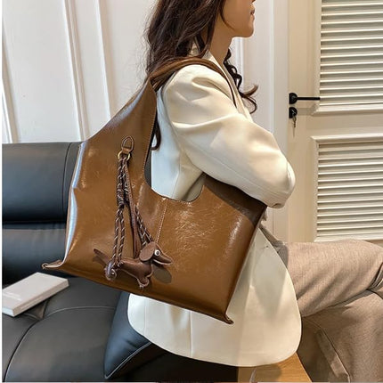 Base'ic Women's Vegan Leather Shoulder Tote Bag – Chic Hobo Handbag with Inner Pouch &amp; Decorative Dog &amp; Chocolate Charm (Brown)