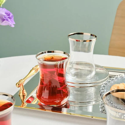 Karaca Sydney Elegant Tea Glass Set of 12 - Clear Turkish Tea Cup Glasses and Saucers, 160 ml Curved Design Drinkware Cups, Dishwasher Safe, Platinum