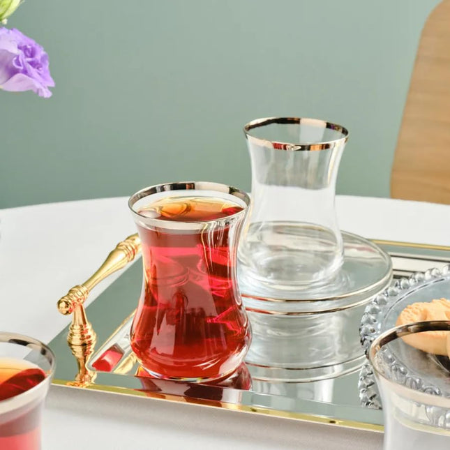 Karaca Sydney Elegant Tea Glass Set of 12 - Clear Turkish Tea Cup Glasses and Saucers, 160 ml Curved Design Drinkware Cups, Dishwasher Safe, Platinum