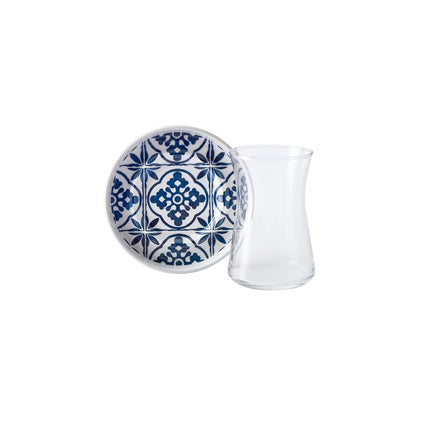 KARACA Mavili Turkish Tea Cups Set - 12 Piece Turkish Tea Glasses and Stoneware Saucers - Authentic Glass Drinking Sets for 6 People - Ideal Adult Teacup Set (170 ml)