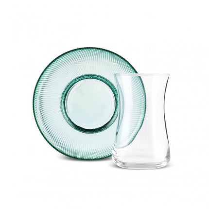 Karaca Juliet Turkish Tea Cups Set of 12, 170ml/5.74oz Turkish Tea Glasses with Green Detail Saucers for 6 People, Ideal Glass Set for Mother's Day and Housewarming