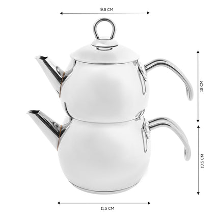Karaca Adelya Stainless Steel Induction Teapot Set with 0.65L Teapot &amp; 1.1L Tea Kettle, Traditional Turkish Tea Set Brewing System, Dishwasher Safe, Silver