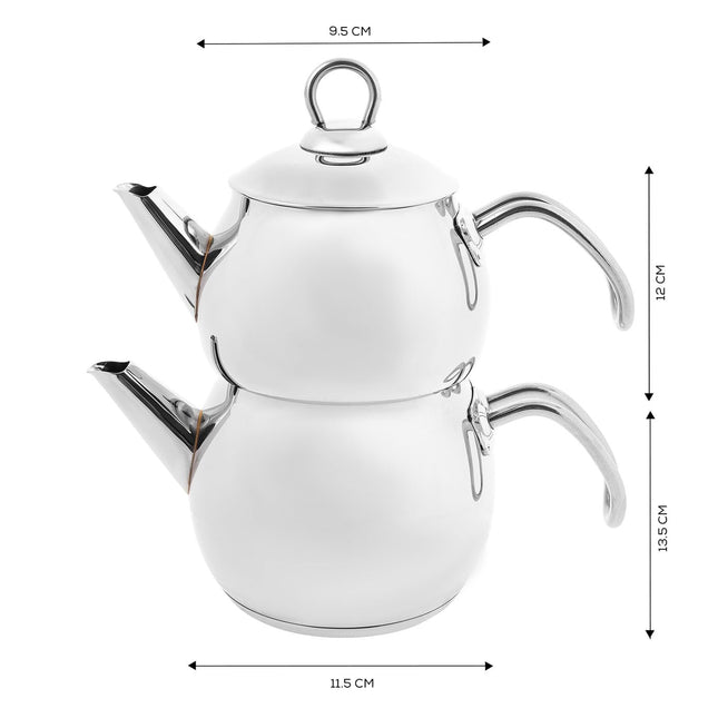 Karaca Adelya Stainless Steel Induction Teapot Set with 0.65L Teapot &amp; 1.1L Tea Kettle, Traditional Turkish Tea Set Brewing System, Dishwasher Safe, Silver