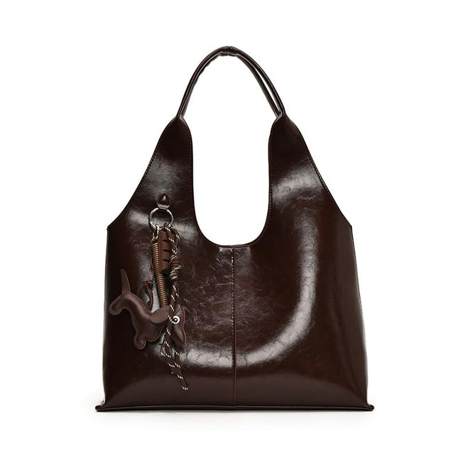 Base'ic Women's Vegan Leather Shoulder Tote Bag – Chic Hobo Handbag with Inner Pouch &amp; Decorative Dog &amp; Chocolate Charm (Dark Brown)