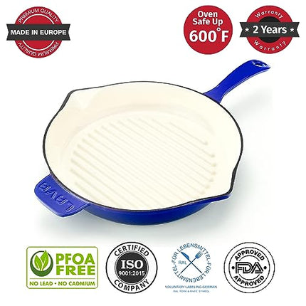 Lava 11 inch Grill Pan with Side Drip Spouts - Grill Pan with White Ceramic Enamel Coated Interior - Edition Series (Blue)