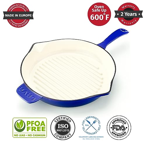 Lava 11 inch Grill Pan with Side Drip Spouts - Grill Pan with White Ceramic Enamel Coated Interior - Edition Series (Blue)