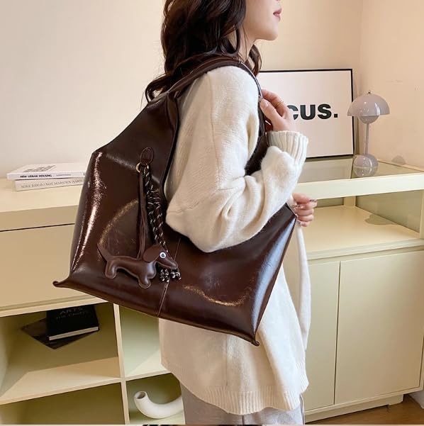 Base'ic Women's Vegan Leather Shoulder Tote Bag – Chic Hobo Handbag with Inner Pouch &amp; Decorative Dog &amp; Chocolate Charm (Dark Brown)