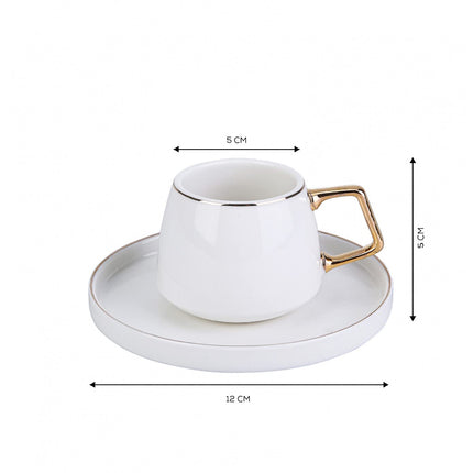 KARACA Saturn Turkish Coffee Cups, Espresso Cups Set of 2 Includes 4 Pieces, 3 oz Espresso Cup Set, Small Espresso Cups and Saucers, Set of 2 Demitasse Cups with Gold Handle on White Porcelain