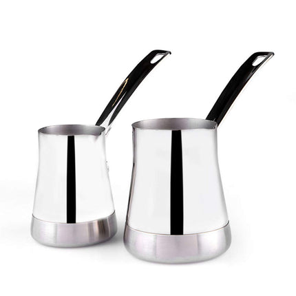 Karaca Win Turkish Coffee Pot with Metal Handles for Stove, Stainless Steel &amp; Elegant Turkish Cezve for Briki Greek, and Arabic Coffee (Set of 2)