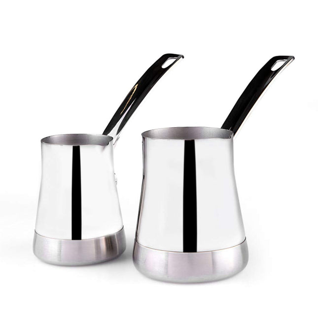 Karaca Win Turkish Coffee Pot with Metal Handles for Stove, Stainless Steel &amp; Elegant Turkish Cezve for Briki Greek, and Arabic Coffee (Set of 2)