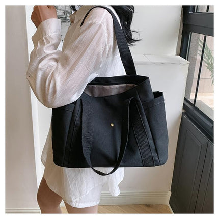 Base'ic Women's Canvas Tote Bag – Large Cotton Shoulder Handbag with Multiple Pockets, Reusable Casual Shopping Bag for Daily Use (Black)