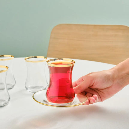 KARACA Sydney 12-Piece Glass Turkish Tea Set for 6 People, Gold, Tea Service, 6 Turkish Tea Glasses with Saucers, 12 Pieces, Glass, Tea Plates/Saucers