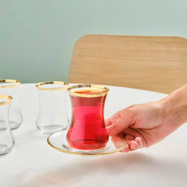 KARACA Sydney 12-Piece Glass Turkish Tea Set for 6 People, Gold, Tea Service, 6 Turkish Tea Glasses with Saucers, 12 Pieces, Glass, Tea Plates/Saucers