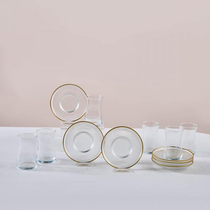 Karaca Juliet Turkish Tea Cups Set of 12, 170ml/5.74oz Turkish Tea Glasses with Gold Detail Saucers for 6 People, Ideal Glass Set for Mother's Day and Housewarming