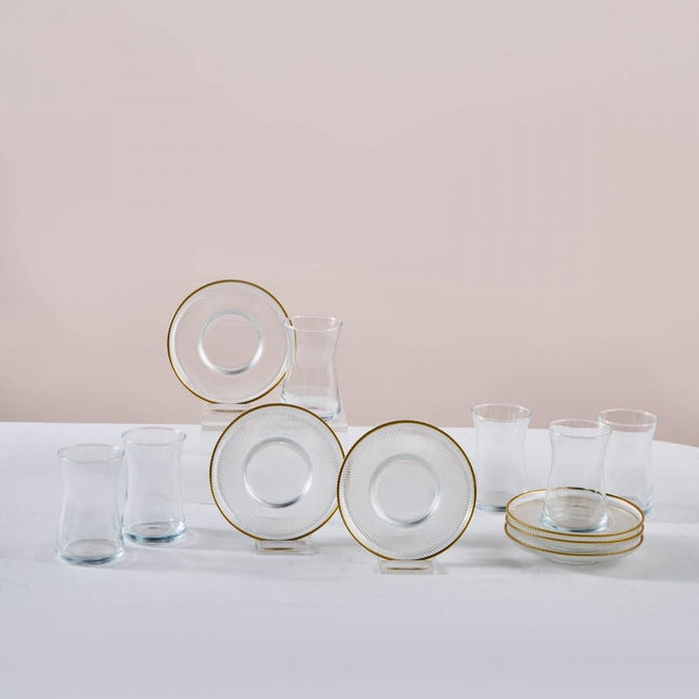 Karaca Juliet Turkish Tea Cups Set of 12, 170ml/5.74oz Turkish Tea Glasses with Gold Detail Saucers for 6 People, Ideal Glass Set for Mother's Day and Housewarming