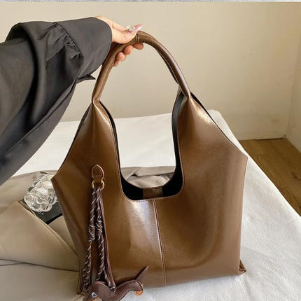 Base'ic Women's Vegan Leather Shoulder Tote Bag – Chic Hobo Handbag with Inner Pouch &amp; Decorative Dog &amp; Chocolate Charm (Brown)