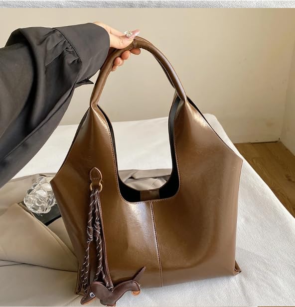 Base'ic Women's Vegan Leather Shoulder Tote Bag – Chic Hobo Handbag with Inner Pouch &amp; Decorative Dog &amp; Chocolate Charm (Brown)