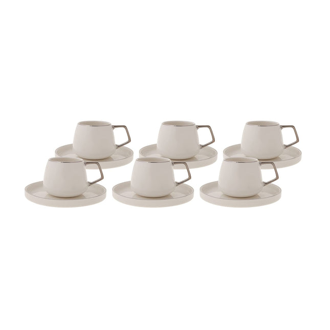 KARACA Saturn Platin Turkish Coffee Cup Set for 6 People - 12 Piece White Cups with Saucers - Small Porcelain Modern Set - Ideal for Serving Greek, Arabic Coffee &amp; Espresso (3.3 fl oz)