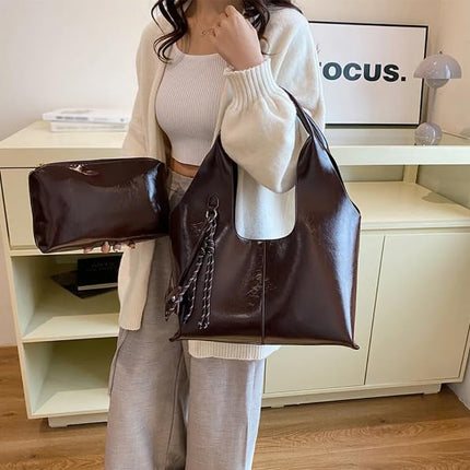 Base'ic Women's Vegan Leather Shoulder Tote Bag – Chic Hobo Handbag with Inner Pouch &amp; Decorative Dog &amp; Chocolate Charm (Dark Brown)