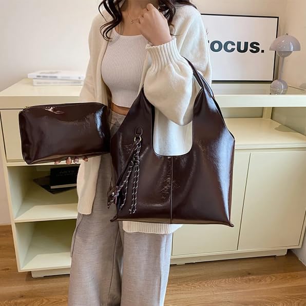 Base'ic Women's Vegan Leather Shoulder Tote Bag – Chic Hobo Handbag with Inner Pouch &amp; Decorative Dog &amp; Chocolate Charm (Dark Brown)
