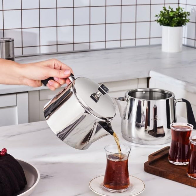 Karaca Fiona Stainless Steel Turkish Teapot Set, 1L Tea Pot &amp; 2L Water Tank (Kettle), Stove Top/Induction Compatible, Elegant Silver Design, Easy to Clean, Non-Flammable Handles