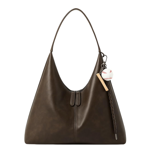 Base'ic Women's Vintage Hobo Vegan Leather Shoulder Bag – Large Capacity Crossbody Purse with Baseball Charm (Dark Brown)