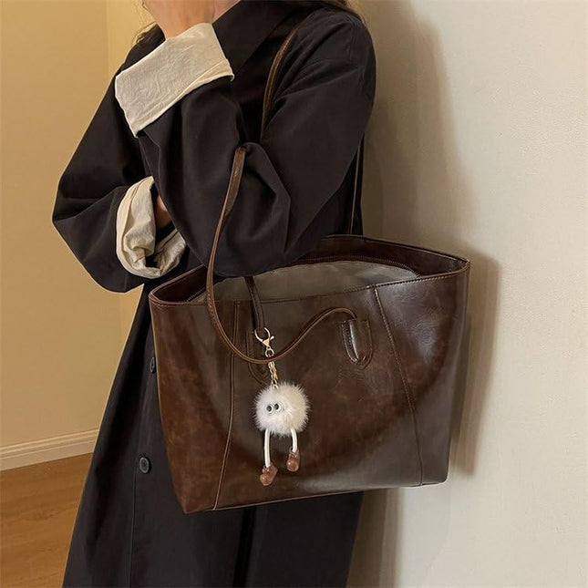 Base'ic Women's Large Vegan Leather Tote Bag – Shoulder Handbag with Inner Pocket &amp; Decorative Charm, Work &amp; Travel Purse (Dark Brown)