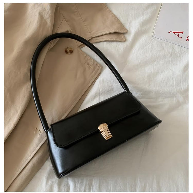 Base'ic Women's Vegan Leather Bag – Elegant Small Shoulder Purse with Lock Closure (Black)