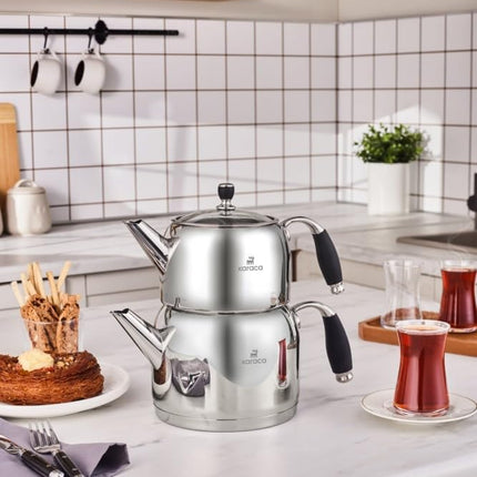 Karaca Stella Stainless Steel Turkish Teapot Set, 1L Tea Pot &amp; 2L Water Tank (Kettle), Stove Top/Induction Compatible, Elegant Silver Color, Easy to Clean, Heat-Resistant Handles