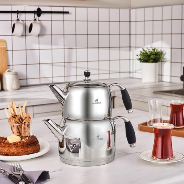 Karaca Stella Stainless Steel Turkish Teapot Set, 1L Tea Pot &amp; 2L Water Tank (Kettle), Stove Top/Induction Compatible, Elegant Silver Color, Easy to Clean, Heat-Resistant Handles