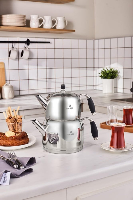 Karaca Stella Stainless Steel Turkish Teapot Set, 1L Tea Pot & 2L Water Tank (Kettle), Stove Top/Induction Compatible, Elegant Silver Color, Easy to Clean, Heat-Resistant Handles
