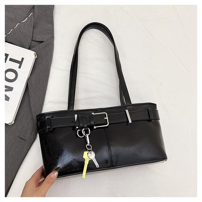 Base'ic Women's Vegan Leather Shoulder Bag with Belted Detail &amp; Key Charm – Medium Tote Handbag for Everyday, Work &amp; Travel (Black)