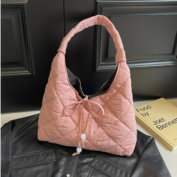 Base'ic Puffer Bag for Women – Quilted Tote Shoulder Purse, Lightweight Large Capacity Crossbody Bag for Casual Daily Use (Pink)