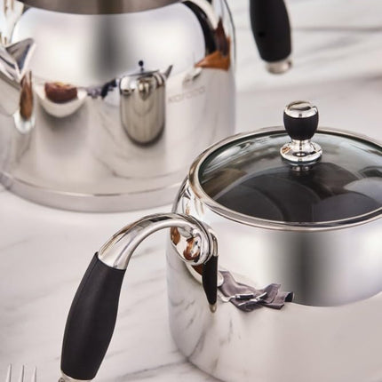 Karaca Stella Stainless Steel Turkish Teapot Set, 1L Tea Pot &amp; 2L Water Tank (Kettle), Stove Top/Induction Compatible, Elegant Silver Color, Easy to Clean, Heat-Resistant Handles