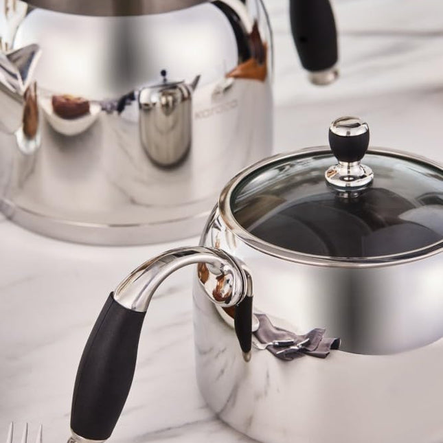 Karaca Stella Stainless Steel Turkish Teapot Set, 1L Tea Pot &amp; 2L Water Tank (Kettle), Stove Top/Induction Compatible, Elegant Silver Color, Easy to Clean, Heat-Resistant Handles