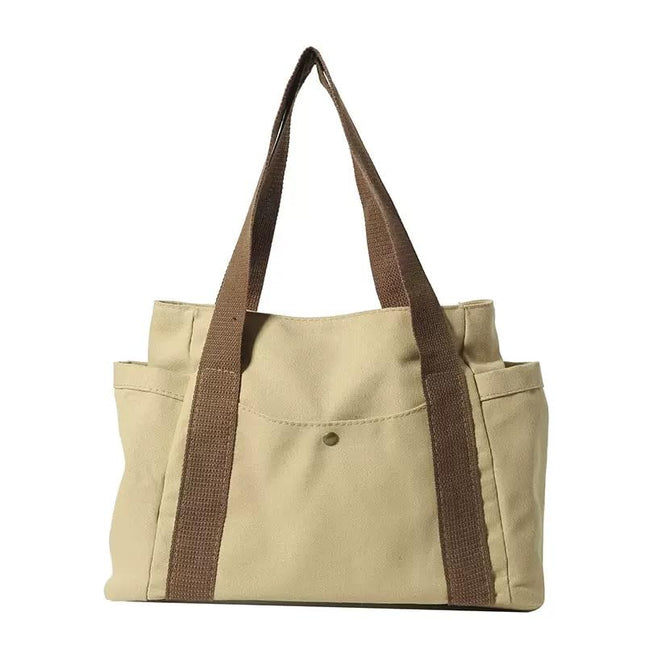 Base'ic Women's Canvas Tote Bag – Large Cotton Shoulder Handbag with Multiple Pockets, Reusable Casual Shopping Bag for Daily Use (Khaki)