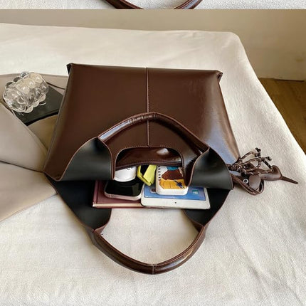Base'ic Women's Vegan Leather Shoulder Tote Bag – Chic Hobo Handbag with Inner Pouch &amp; Decorative Dog &amp; Chocolate Charm (Dark Brown)