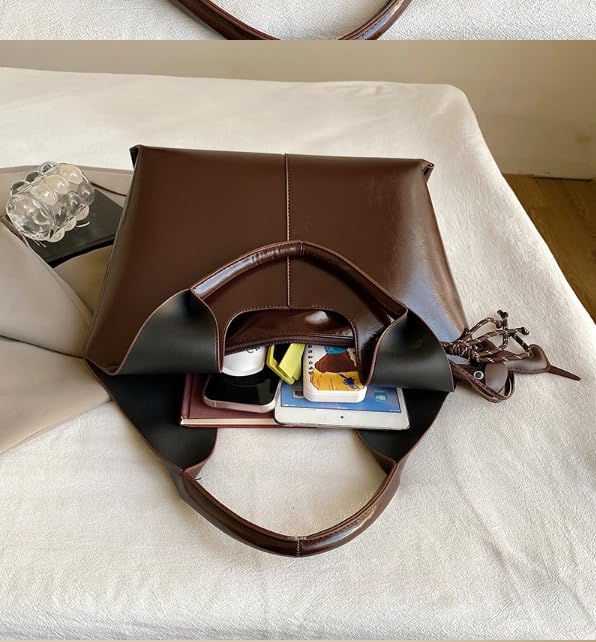 Base'ic Women's Vegan Leather Shoulder Tote Bag – Chic Hobo Handbag with Inner Pouch &amp; Decorative Dog &amp; Chocolate Charm (Dark Brown)