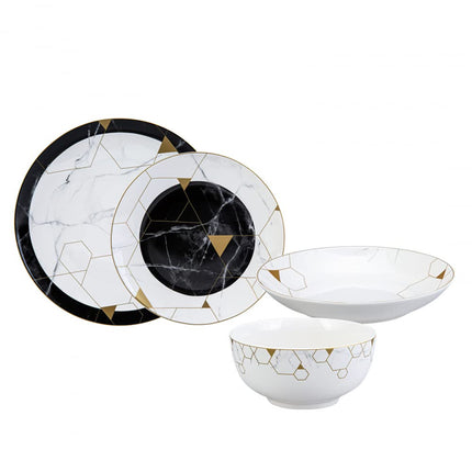 Karaca Blue Gem Bone China Dinner Service Set for 6 People - 24-Piece Dinnerware Set with Plate and Bowl Set, Round Dinnerware Set, Black, White &amp; Gold Dinner Set