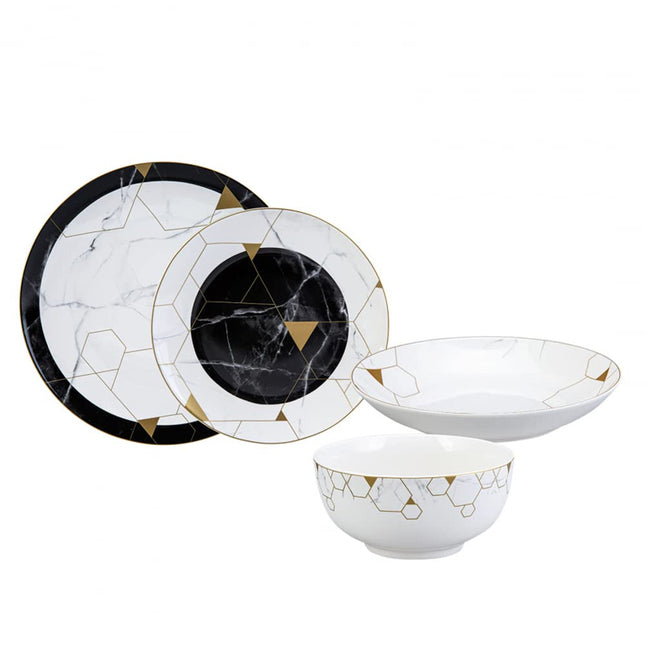 Karaca Blue Gem Bone China Dinner Service Set for 6 People - 24-Piece Dinnerware Set with Plate and Bowl Set, Round Dinnerware Set, Black, White &amp; Gold Dinner Set