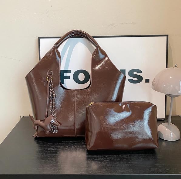 Base'ic Women's Vegan Leather Shoulder Tote Bag – Chic Hobo Handbag with Inner Pouch &amp; Decorative Dog &amp; Chocolate Charm (Dark Brown)