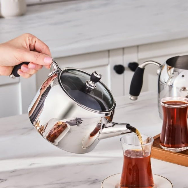 Karaca Stella Stainless Steel Turkish Teapot Set, 1L Tea Pot &amp; 2L Water Tank (Kettle), Stove Top/Induction Compatible, Elegant Silver Color, Easy to Clean, Heat-Resistant Handles