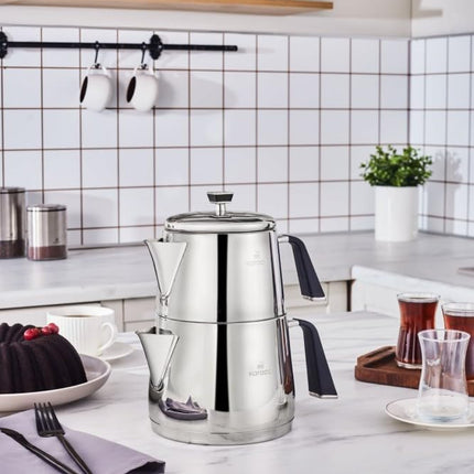 Karaca Fiona Stainless Steel Turkish Teapot Set, 1L Tea Pot &amp; 2L Water Tank (Kettle), Stove Top/Induction Compatible, Elegant Silver Design, Easy to Clean, Non-Flammable Handles