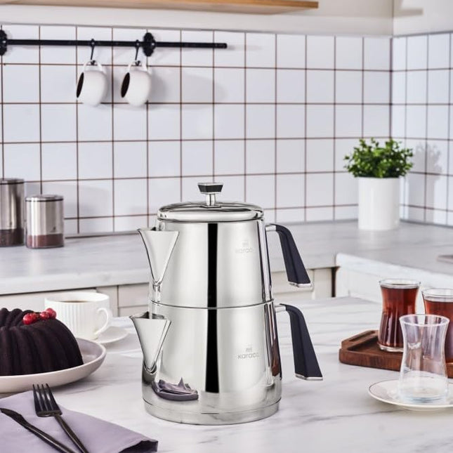 Karaca Fiona Stainless Steel Turkish Teapot Set, 1L Tea Pot &amp; 2L Water Tank (Kettle), Stove Top/Induction Compatible, Elegant Silver Design, Easy to Clean, Non-Flammable Handles