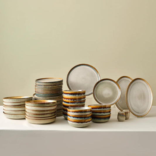 Karaca Earthy Stoneware Plates and Bowls Set, Reactive Glaze Dinner Set, Complete Kitchen Tableware Collection, Ideal Dinnerware for 12 People Dining Experience, Dishwasher Safe, 52 Piece