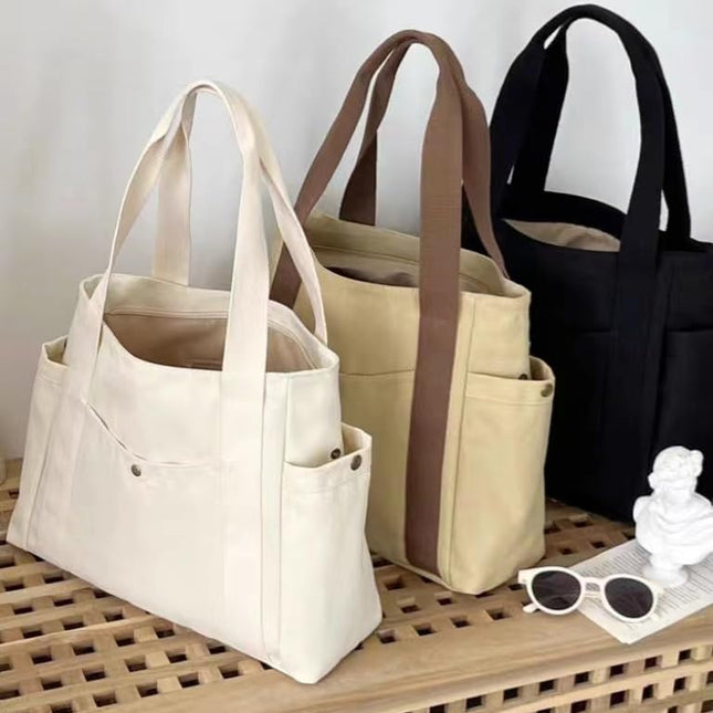 Base'ic Women's Canvas Tote Bag – Large Cotton Shoulder Handbag with Multiple Pockets, Reusable Casual Shopping Bag for Daily Use (Khaki)